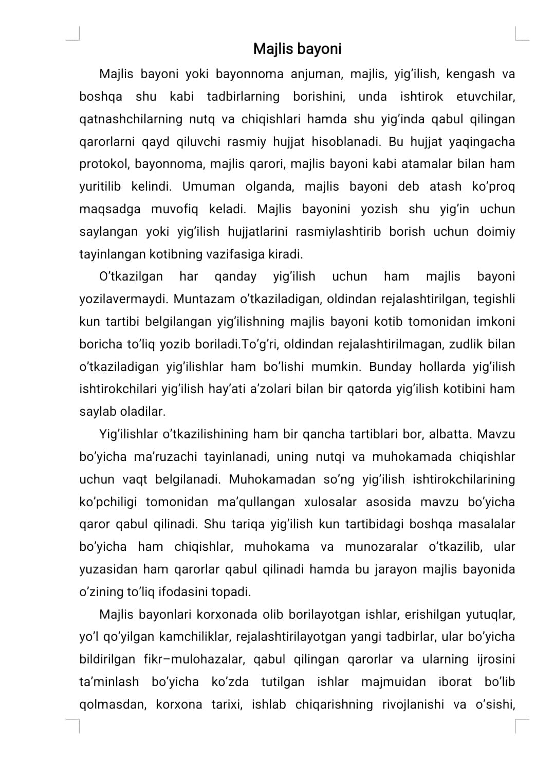 Dalolatnoma. Ma’lumotnoma. Majlis bayoni. Hisobot 1