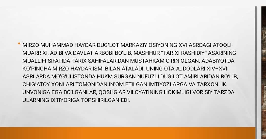 MIRZO MUHAMMAD HAYDAR DUG’LOTNING HAYOTI FAOLIYATI VA ILMIY MEROSI 1