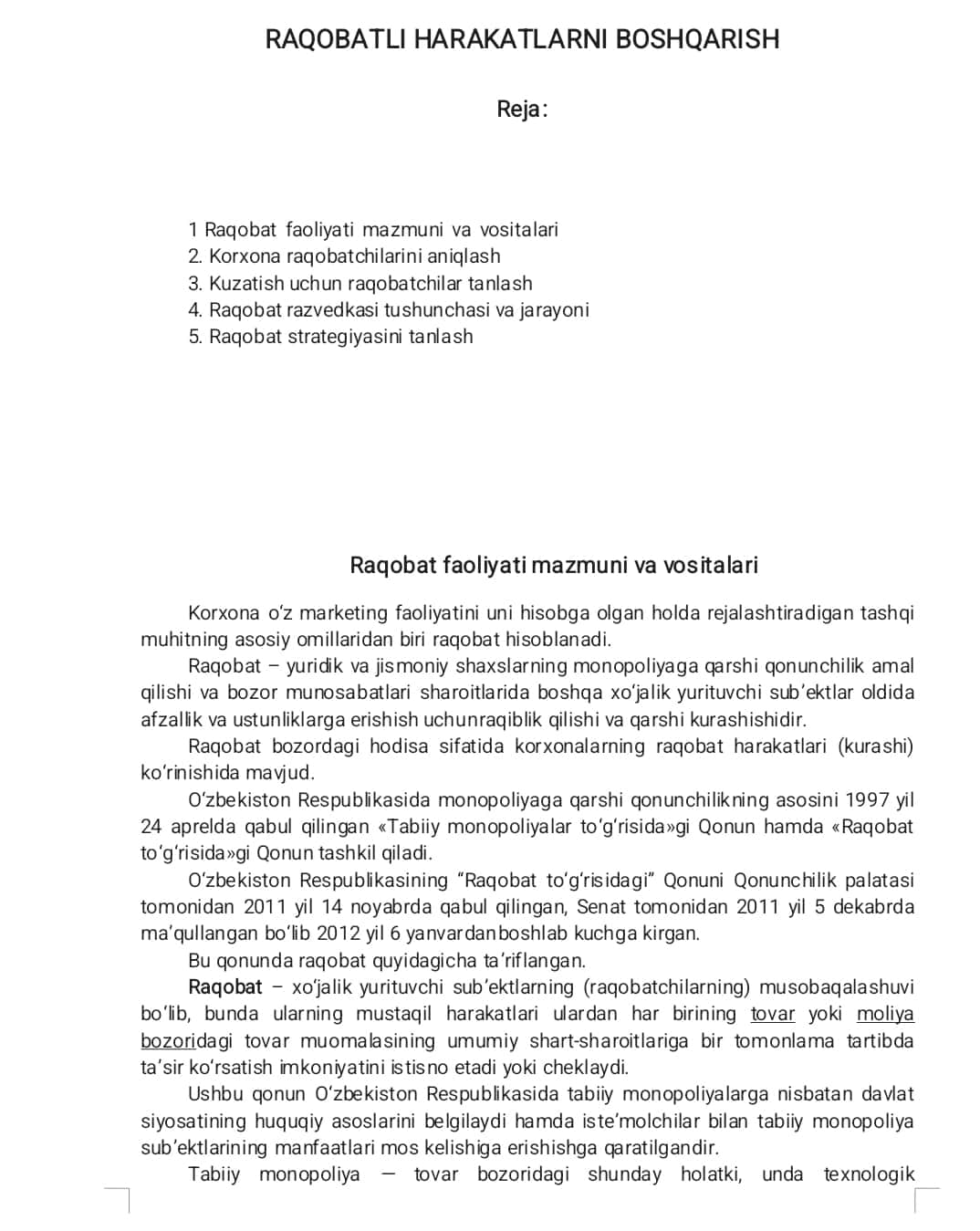 RAQOBATLI HARAKATLARNI BOSHQARISH mavzusida tayyorlangan sifatli mustaqil ish 1