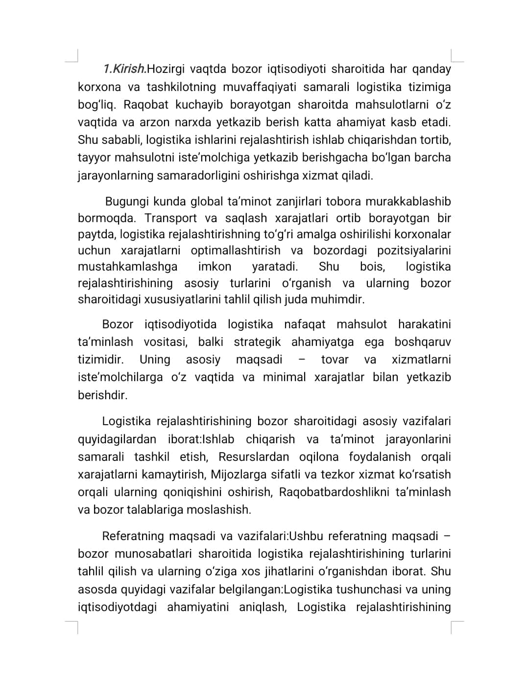 Bozor munosabatlari sharoitida logistika ishlarini rejalashtirishning asosiy turlarining xususiyatlari 1