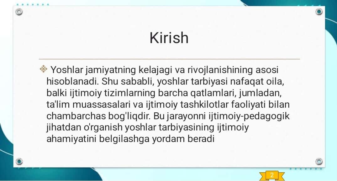Yoshlar tarbiyasida ijtimoiy pedagogik faoliyat mazmuni tuzilmasi va funksiyalari. 1