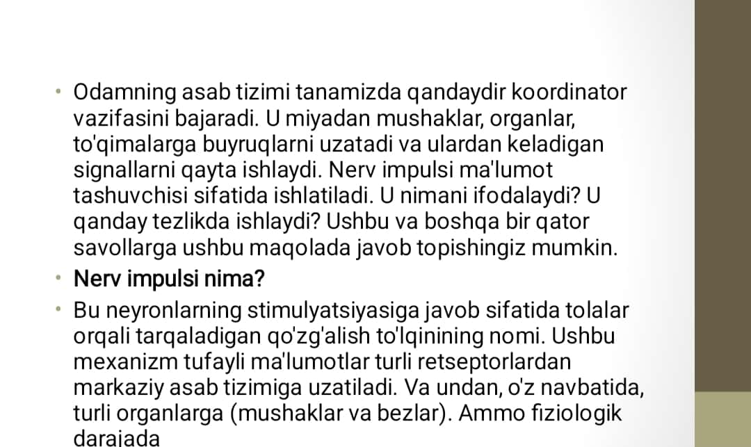 Neyronlarda  nerv impulslarining hosil bo’lish mexanizmlari. Nerv  tolalari bo‘ylab qo’zgalish o‘tish mexanizmi 1