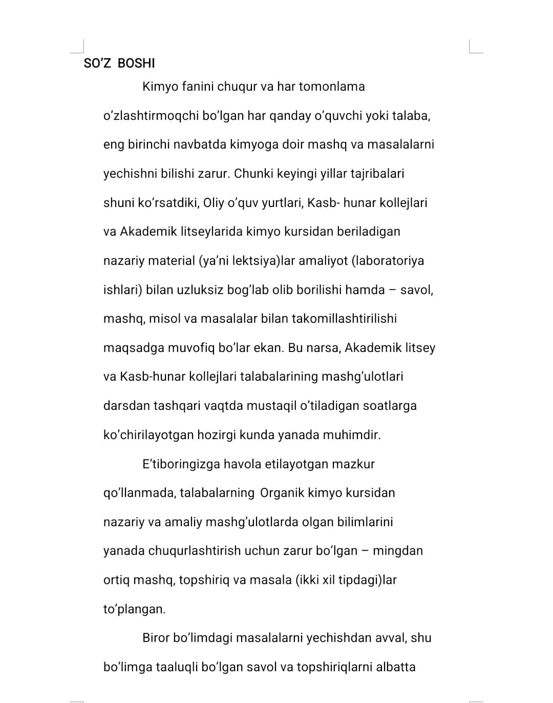 Organik Kimyo fanidan masalalar to'plami 1