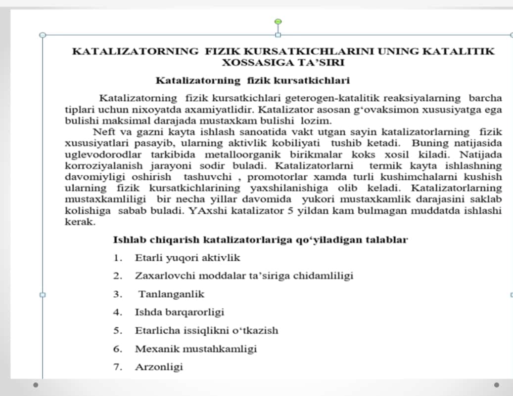 KATALIZATORNING FIZIK KO`RSATGICHLARI VA UNING KATALITIK XOSSALARIGA TASIRI FIZIK XUSUSIYATLARI 1