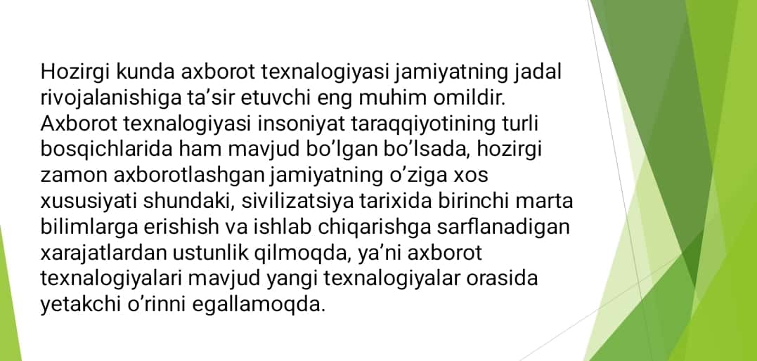 Jamiyatni axborotlashtirish. Zamonaviy axborot texnologiyalari 1
