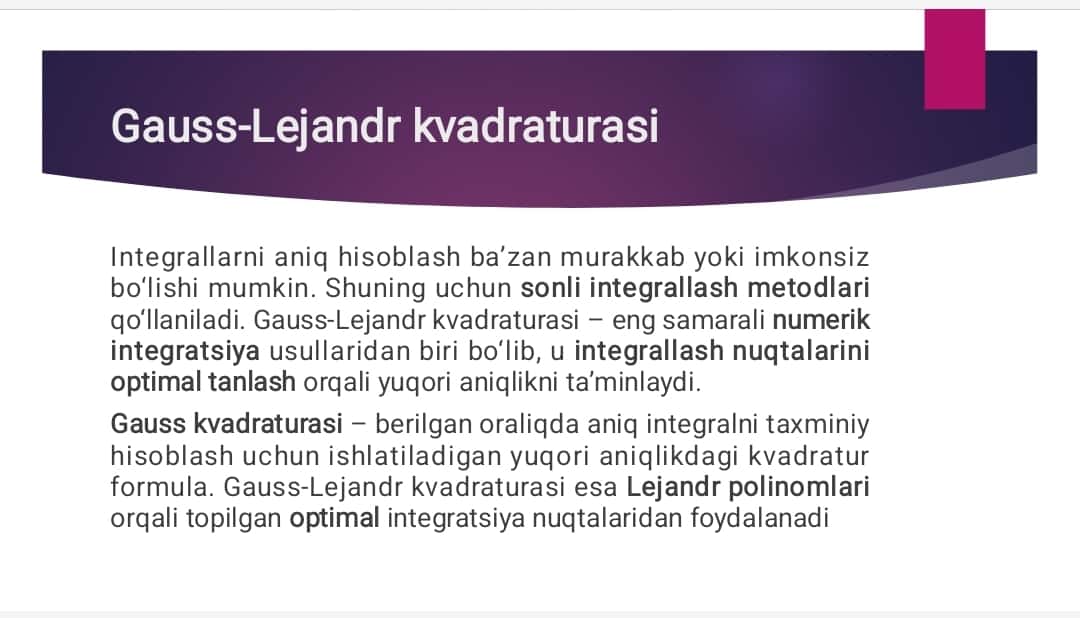 Gauss Lejandr Kvadratur formulasi 1