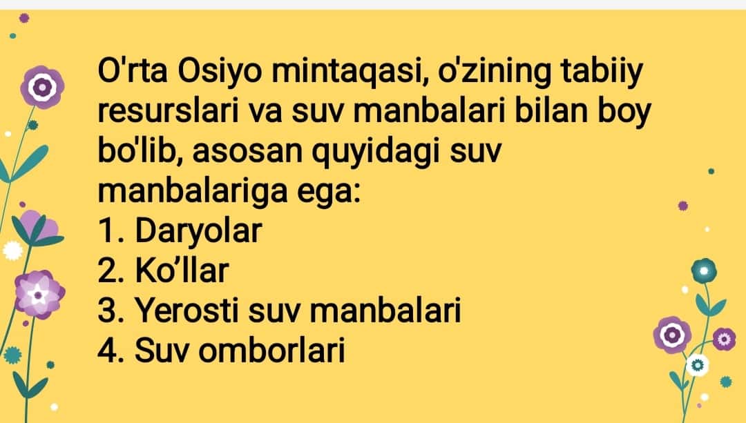 O‘rta Osiyo suv manbalari va ularning ifloslanishidan saqlash chora-tadbirlari. 1