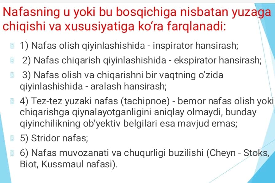 Nafas olish a'zolari kasalliklarining klinik koʻrinishlariga algoritmik yondashuv asosida differensial diagnostikasi. Yoʻtal. Sianoz. Qon tuflash. Ogʻriq. Hansirash 1