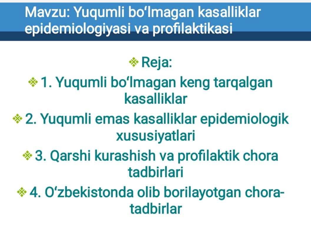 Yuqumli boʻlmagan kasalliklar epidemiologiyasi va profilaktikasi 1