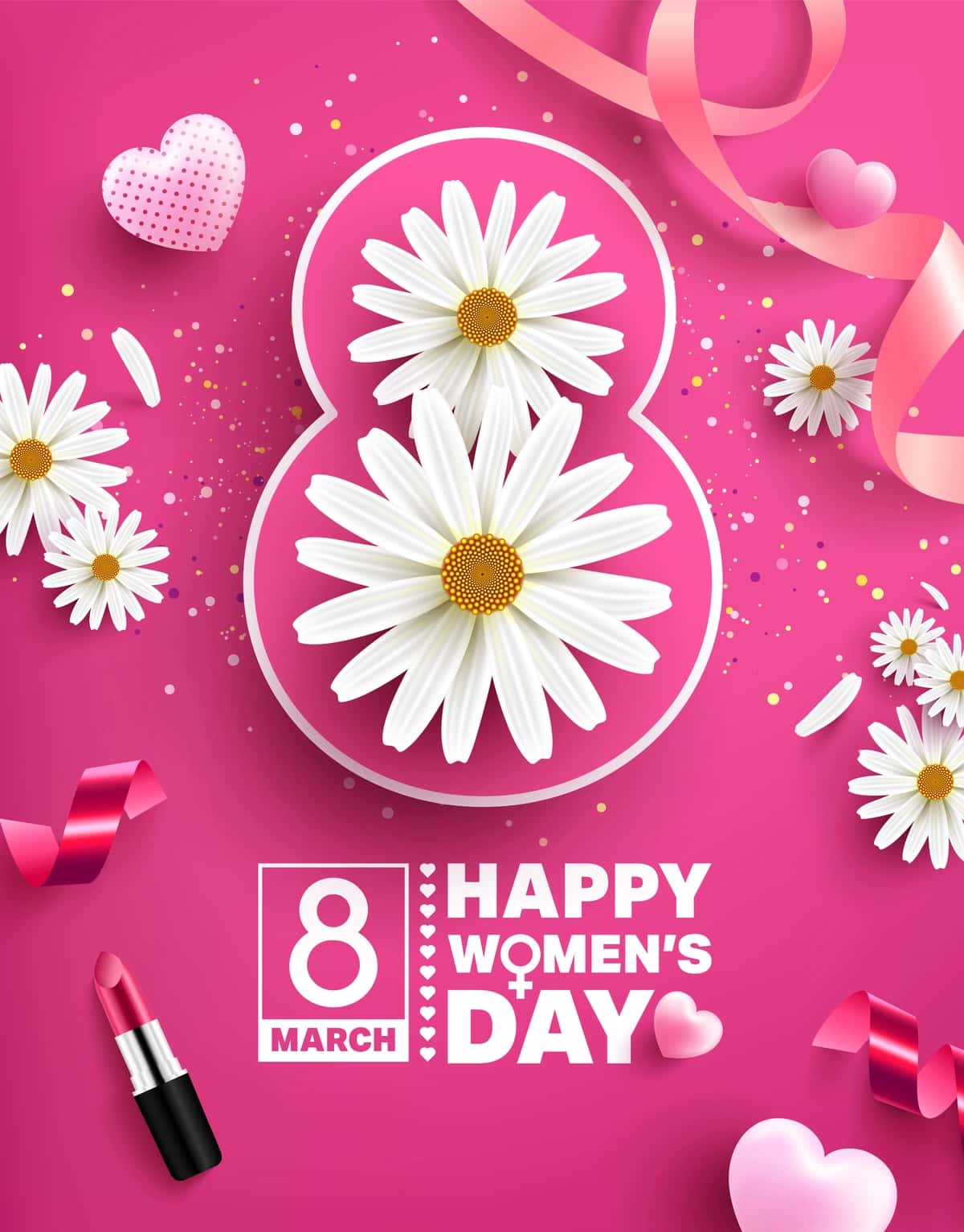 8 mart ayollar kuniga bag'ishlangan plakat, gulli shirin yurak lentalari lab bo'yog'i | 8 march women s day poster with flower sweet hearts ribbons lipstick 1