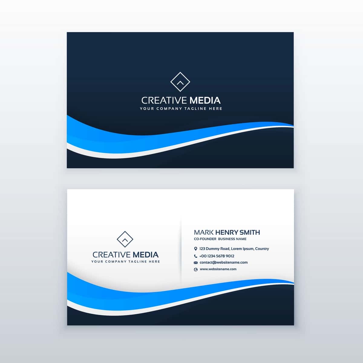 To'lqinsimon shaklli ko'k tashrif qog'ozi dizayni | Blue business card design with wavy shape 1