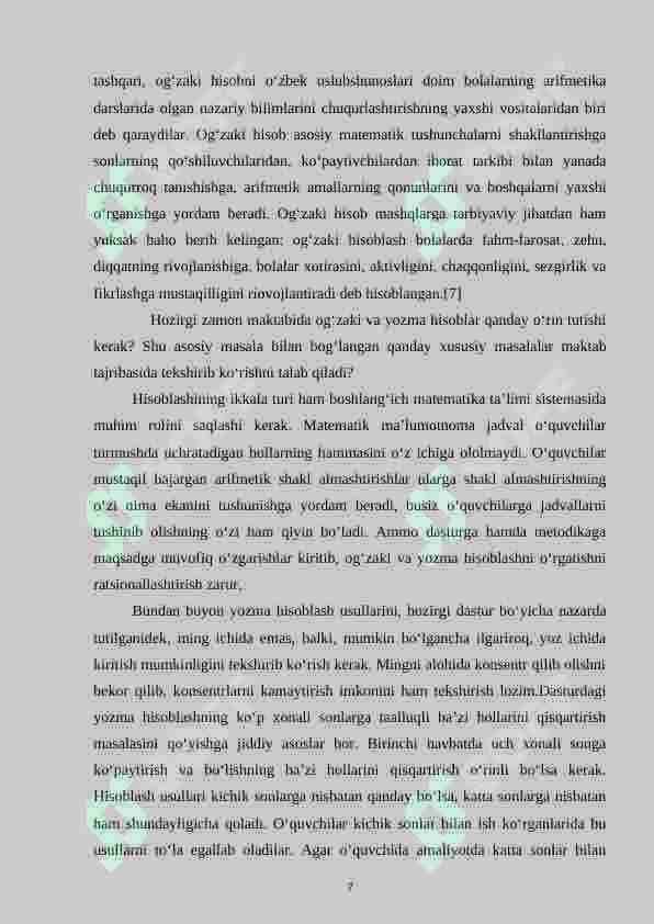 BOSHLANG‘ICH SINFLARDA OG‘ZAKI HISOBLASHGA O‘RGATISH METODIKASI (1-2-SINFLARDA TIZIMLI ISHLAB CHIQING) 6