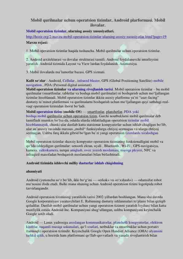 Mobil qurilmalar uchun operatsion tizimlar. Android platformalar. Mobil ilovalar 1