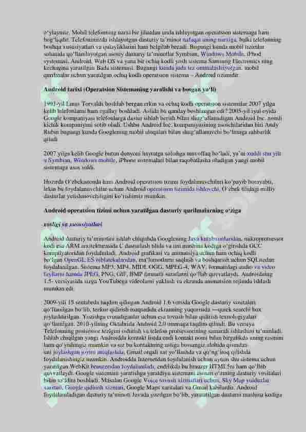 Mobil qurilmalar uchun operatsion tizimlar. Android platformalar. Mobil ilovalar 4