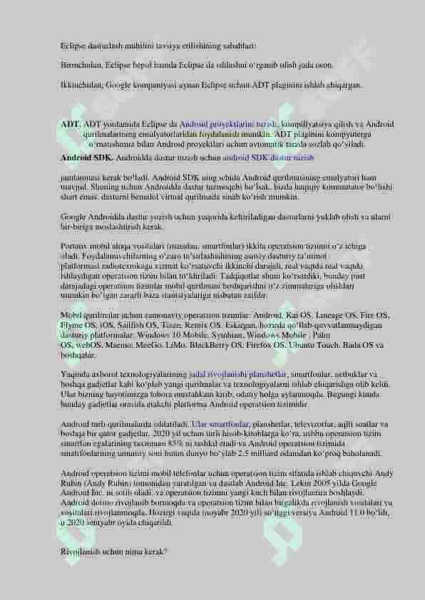 Mobil qurilmalar uchun operatsion tizimlar. Android platformalar. Mobil ilovalar 7