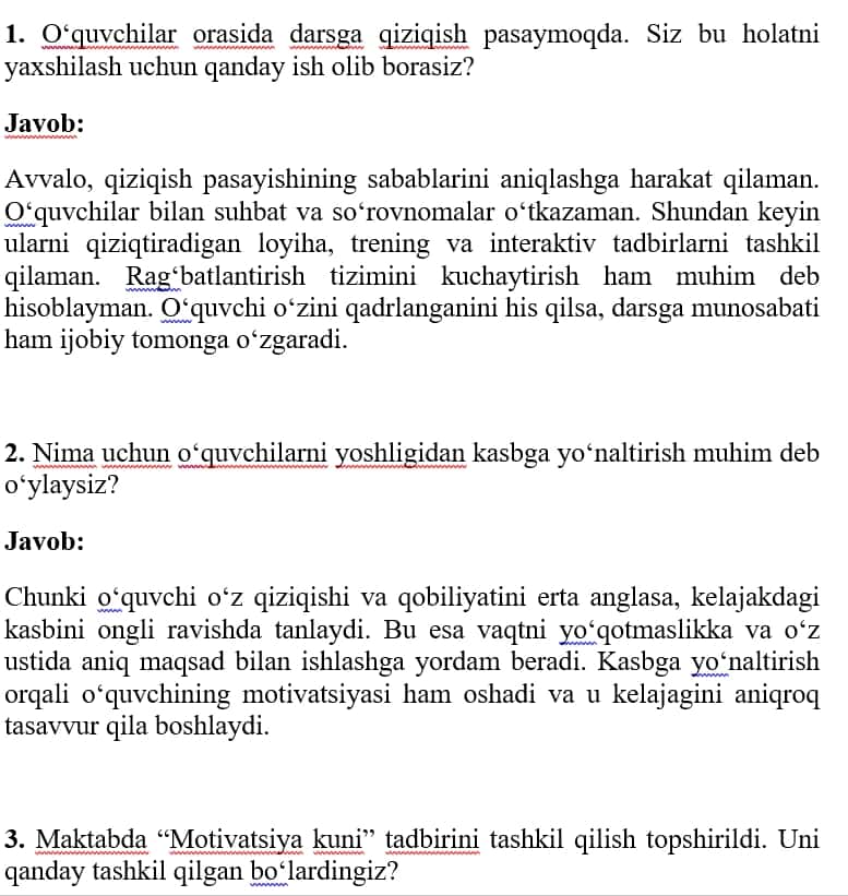 Makatab maslahatchi suhbat biletlari javoblari bilat 2026 2
