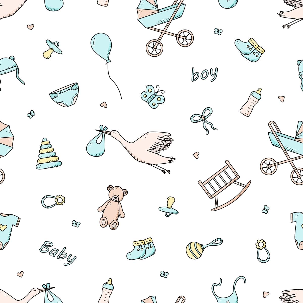 Choksiz naqshli yangi tug'ilgan chaqaloq piktogrammalari to'plami o'g'il bola vektor illyustratsiyasi | Seamless pattern newborn icons set baby boy vector illustration 1
