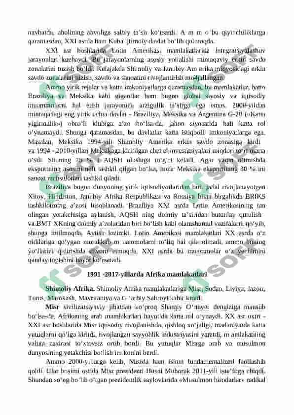 1991-2017 yillarda Afrika va Lotin Amerikasi davlatlari  XX asr oxiri XXI asr boshlarida globallashuv muammolari, harbiy ekstremistik va ekologik xavf-xatar 3