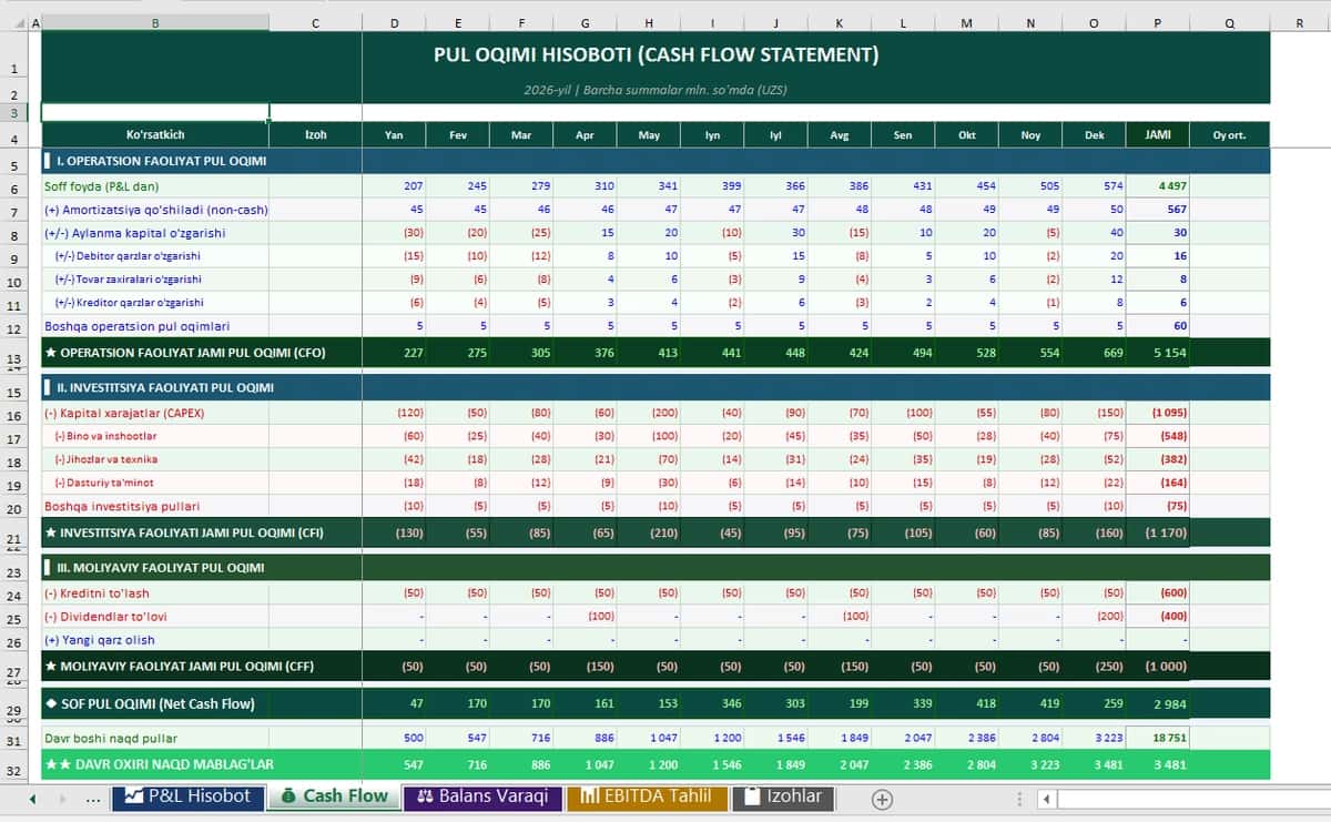 Cash flow statement, p&l statement format 2