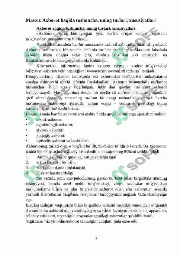 Axborot haqida tushuncha, uning turlari, xususiyatlari 2