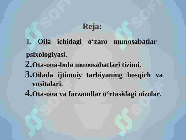 Sog‘lom turmush tarzi tushunchasining tashkil topishi, salomatlik bilan bog‘liq tavakkalchilik omillari. Ota-ona va farzand munosabatlarining o‘ziga xosligi. 2