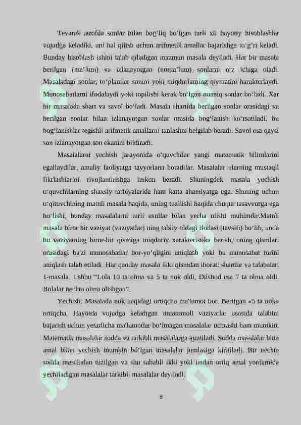 Boshlang‘ich sinflarda matematikadan sodda masalalar va ularni yechishga o‘rgatish metodikasi 8