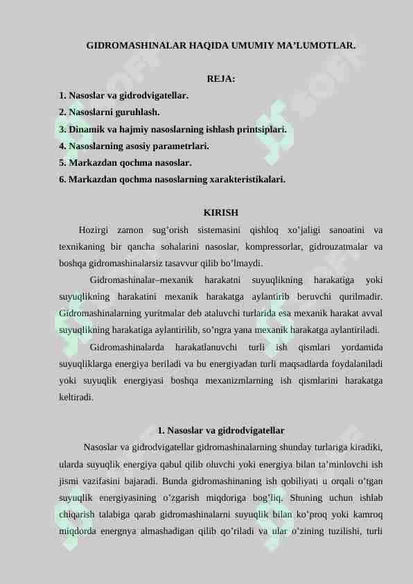 GIDROMASHINALAR HAQIDA UMUMIY MA’LUMOTLAR