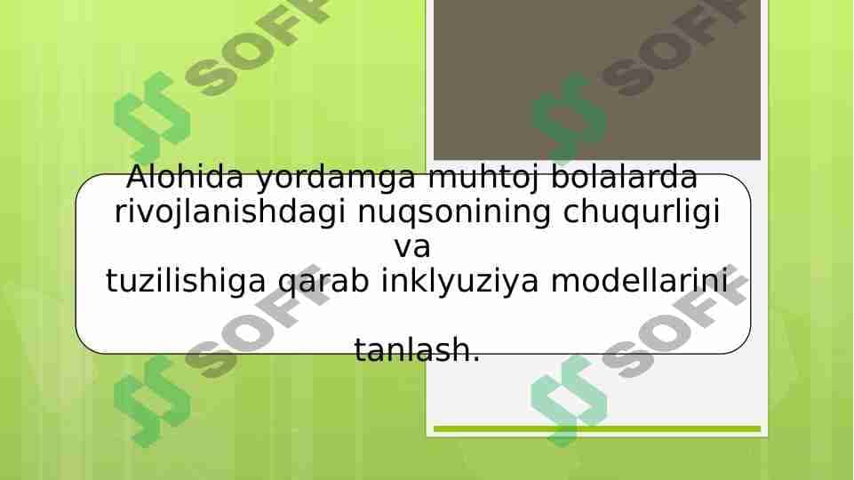 Alohida yordamga muhtoj bolalarda  rivojlanishdagi nuqsonining chuqurligi va  tuzilishiga qarab inklyuziya modellarini  tanlash. 1