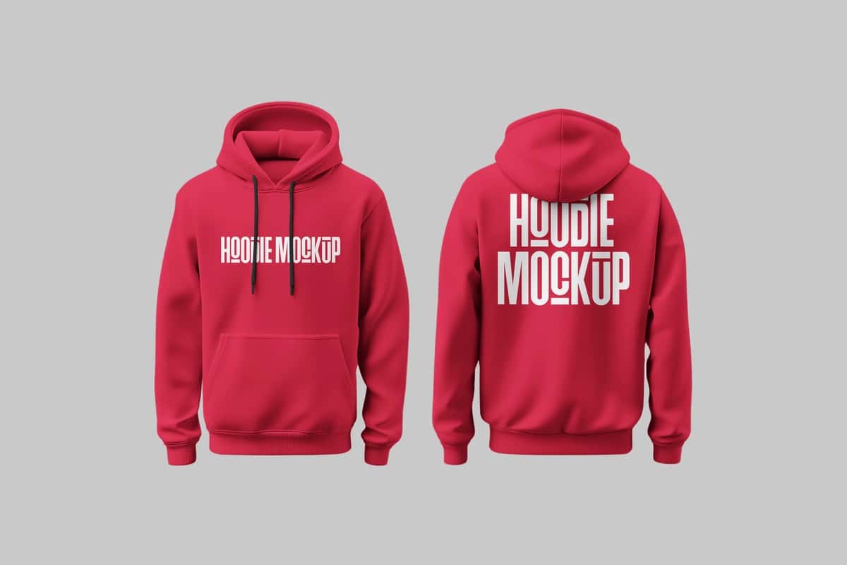 Old tomondan qizil qalpoqli maket | Red hoodie mockup front back view 1