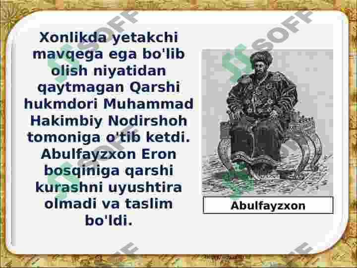 Buxoroda mang'itlar sulolasi hukmronligining o'rnatilishi Buxoro xonligining davlat mustaqilligini yo'qotishi 5
