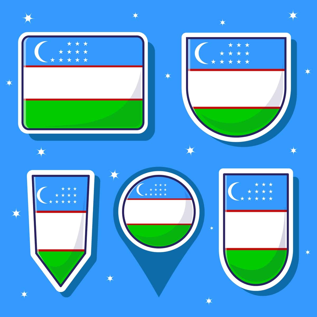 Oʻzbekiston milliy bayrogʻi multfilmi vektor piktogrammasi maskot toʻplami | Uzbekistan national flag cartoon vector icon mascot bundle packs 1