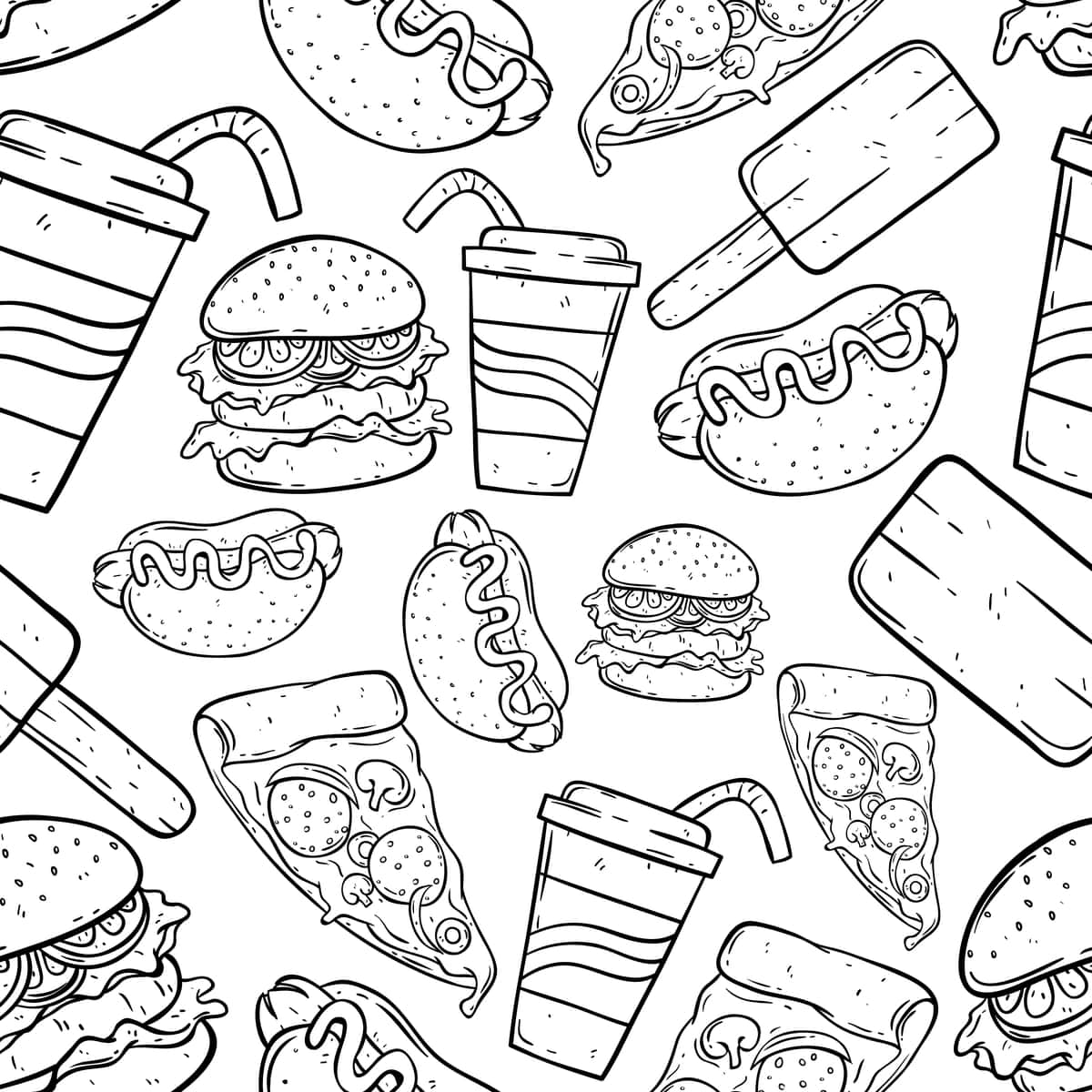 Arzimas oziq-ovqat qo'lda choksiz naqsh chizilgan | Junk food hand drawing seamless pattern 1