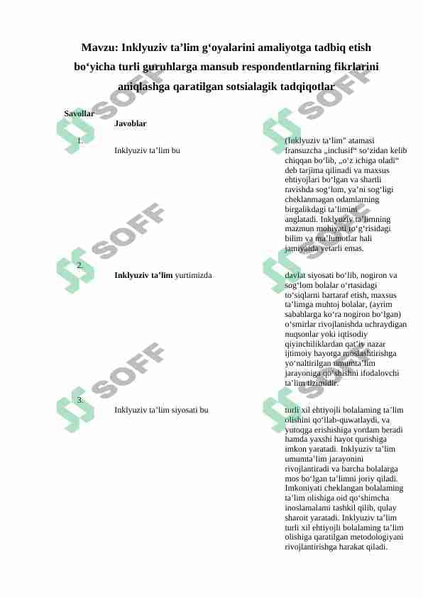 Inklyuziv ta’lim g‘oyalarini amaliyotga tadbiq etish bo‘yicha turli guruhlarga mansub respondentlarning fikrlarini aniqlashga qaratilgan sotsialagik tadqiqotlar 1