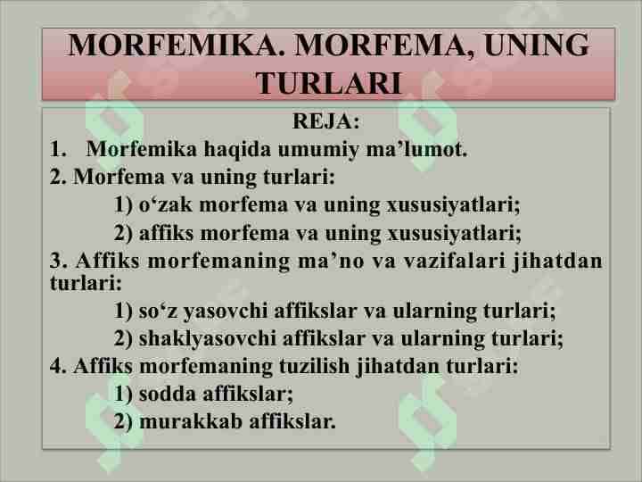 MORFEMIKA. MORFEMA, UNING TURLARI 1