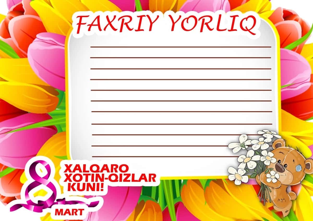 8-martga Tashakkurnoma, tabriknoma, faxriy yorliq 2