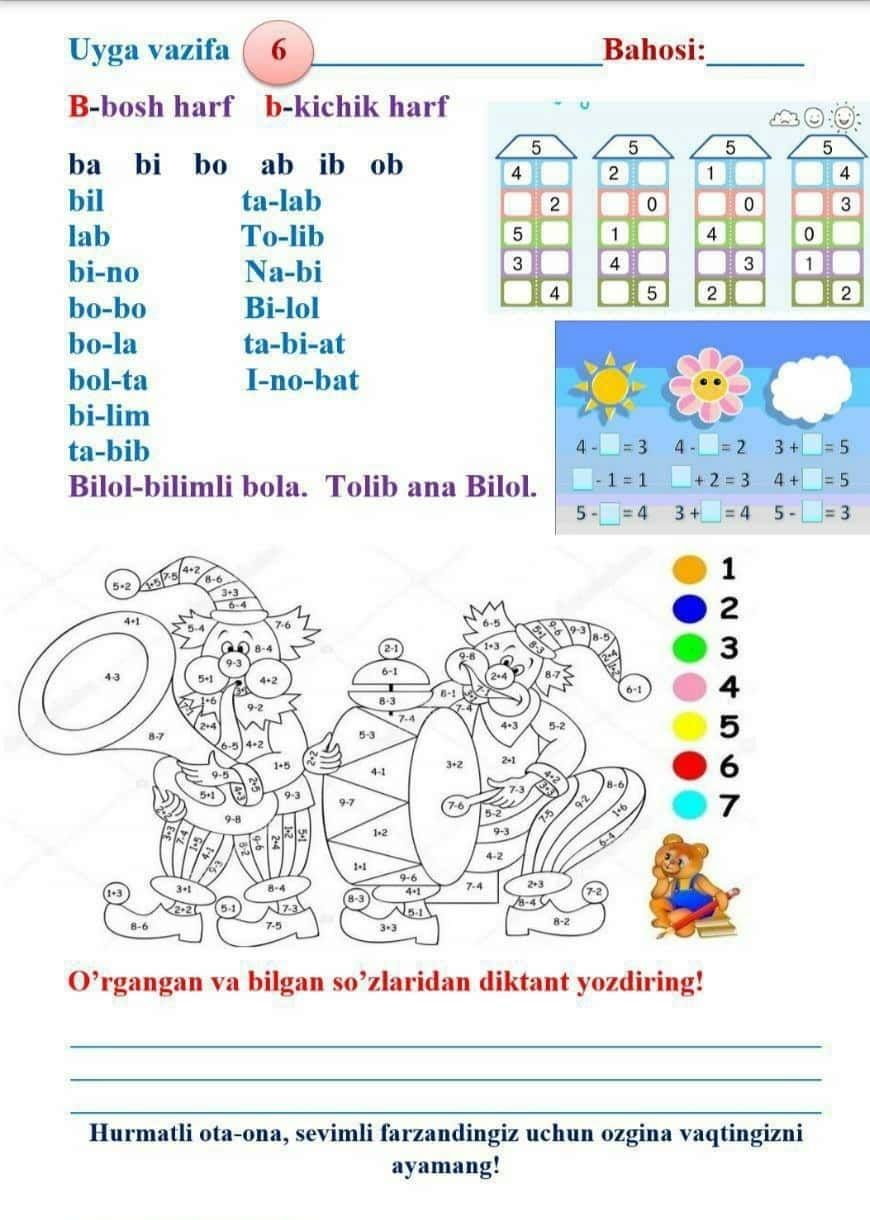 1-sinflar uchun vazifalar 2