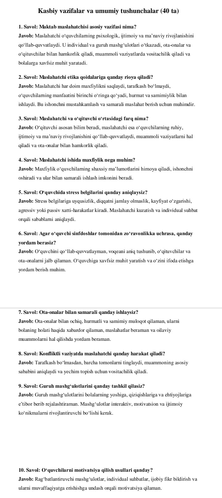 Direktor maslaxatchilari uchun Suxbat savollari 2