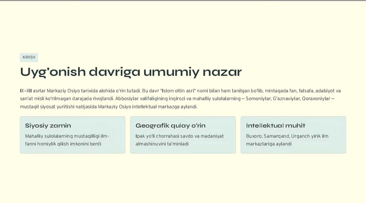 IX–XII asrlarda Markaziy Osiyo xalqlarining
uyg'onish davri: ijtimoiy-iqtisodiy va madaniy
taraqqi 2