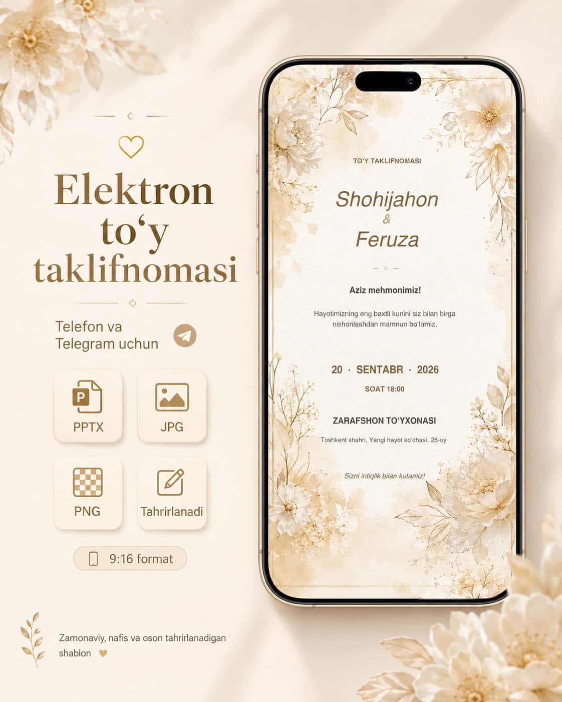 Zamonaviy elektron to‘y taklifnomasi | Telefon va Telegram uchun | PPTX + JPG + PNG 2