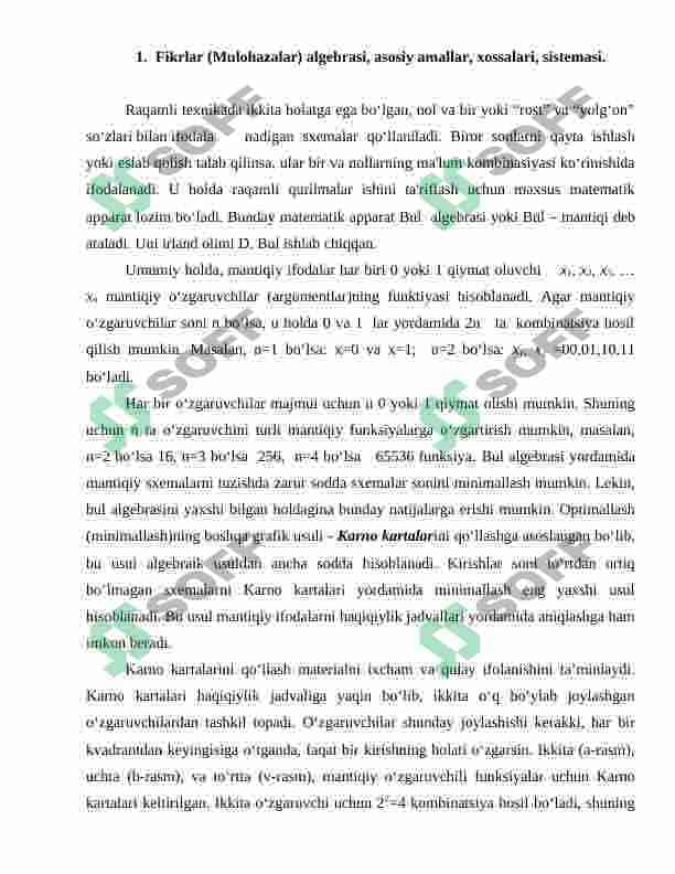 Fikrlar algebrasi asosiy amallar, bazis amallar to‘laligi. Amallar xossalari 4