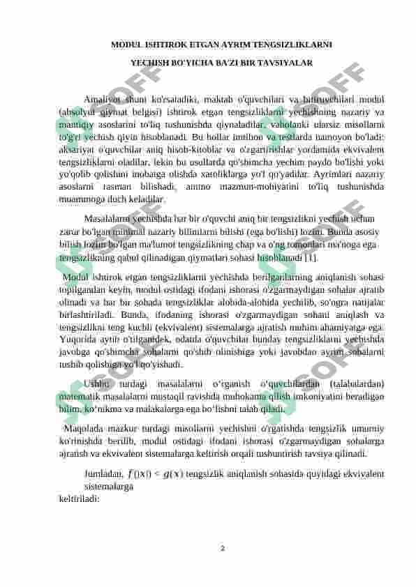 MODUL ISHTIROK ETGAN AYRIM TENGSIZLIKLARNI  YECHISH BO'YICHA BA'ZI BIR TAVSIYALAR 2