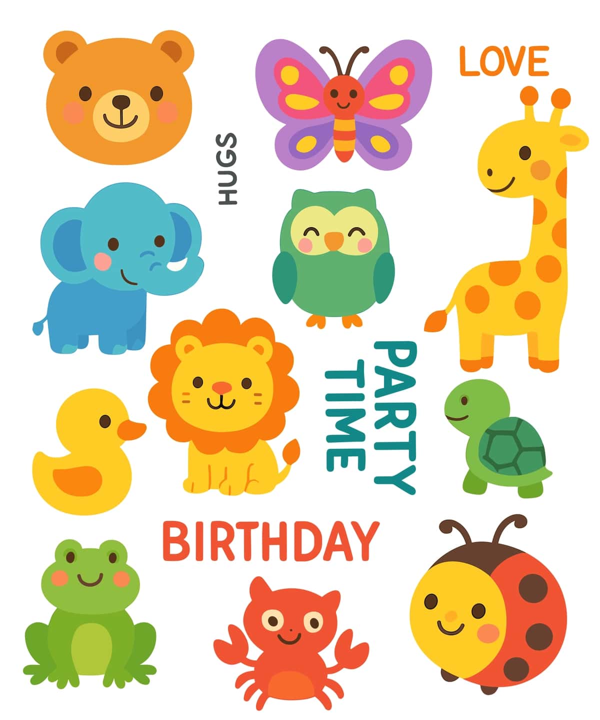 Yoqimli hayvonlar bayrami stikerlari toʻplami multfilm vektor piktogrammasi | Cute animal party sticker pack sheet cartoon vector icon illustration 1