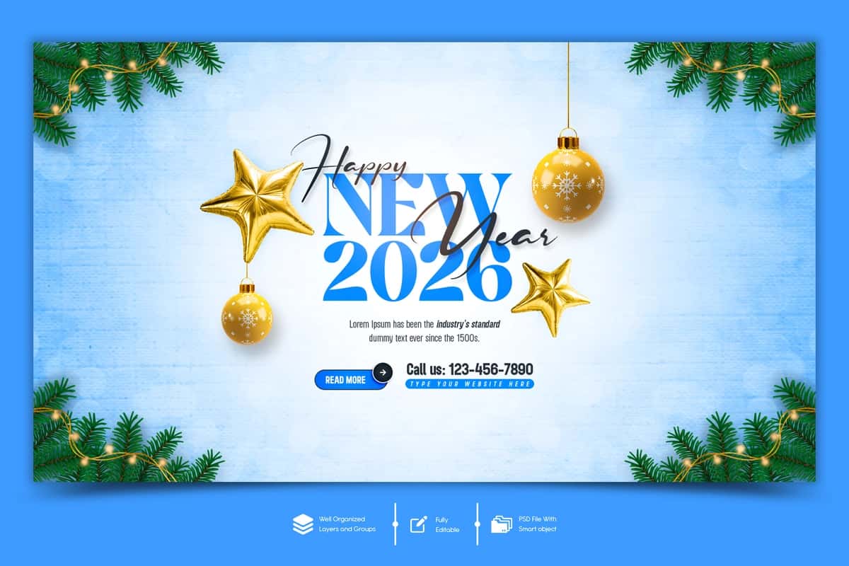 Yangi yilingiz bilan 2026 veb-banner dizayni shabloni | Happy new year 2026 celebration web banner design template 1