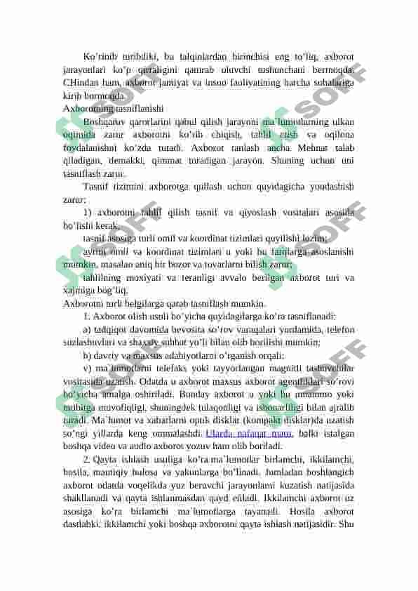 Axborot manbalari va zararli axborotlar tahdidi tushunchasi. Axborot is’temoli madaniyatini shakllantirishda -axborot texnologiyalariga oid bilimlarning o’rni 8