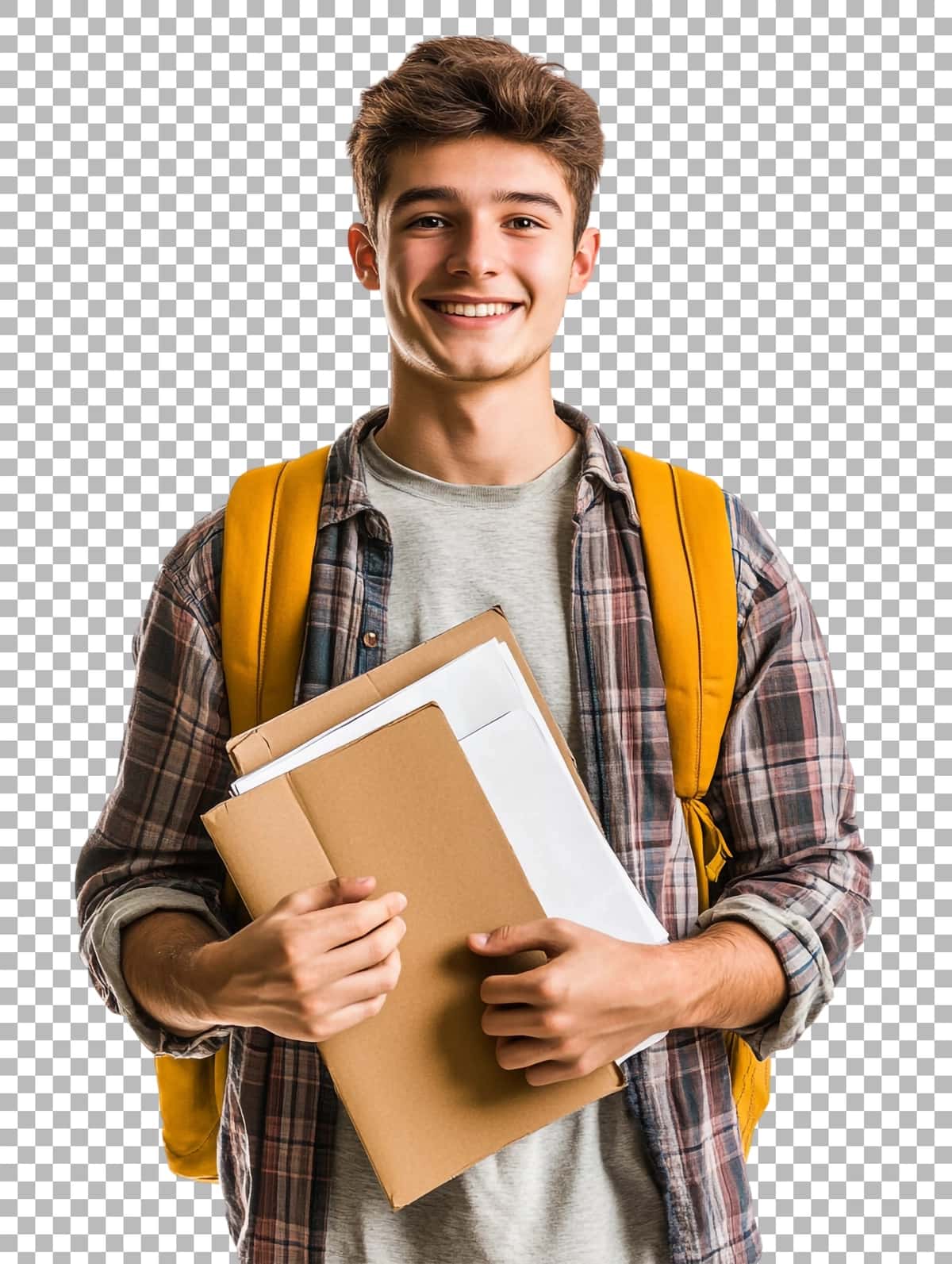 Shaffof fonda hujjatlarni ushlab turgan jilmayuvchi erkak talaba PNG | Png smiling male student holding documents against transparent background 1