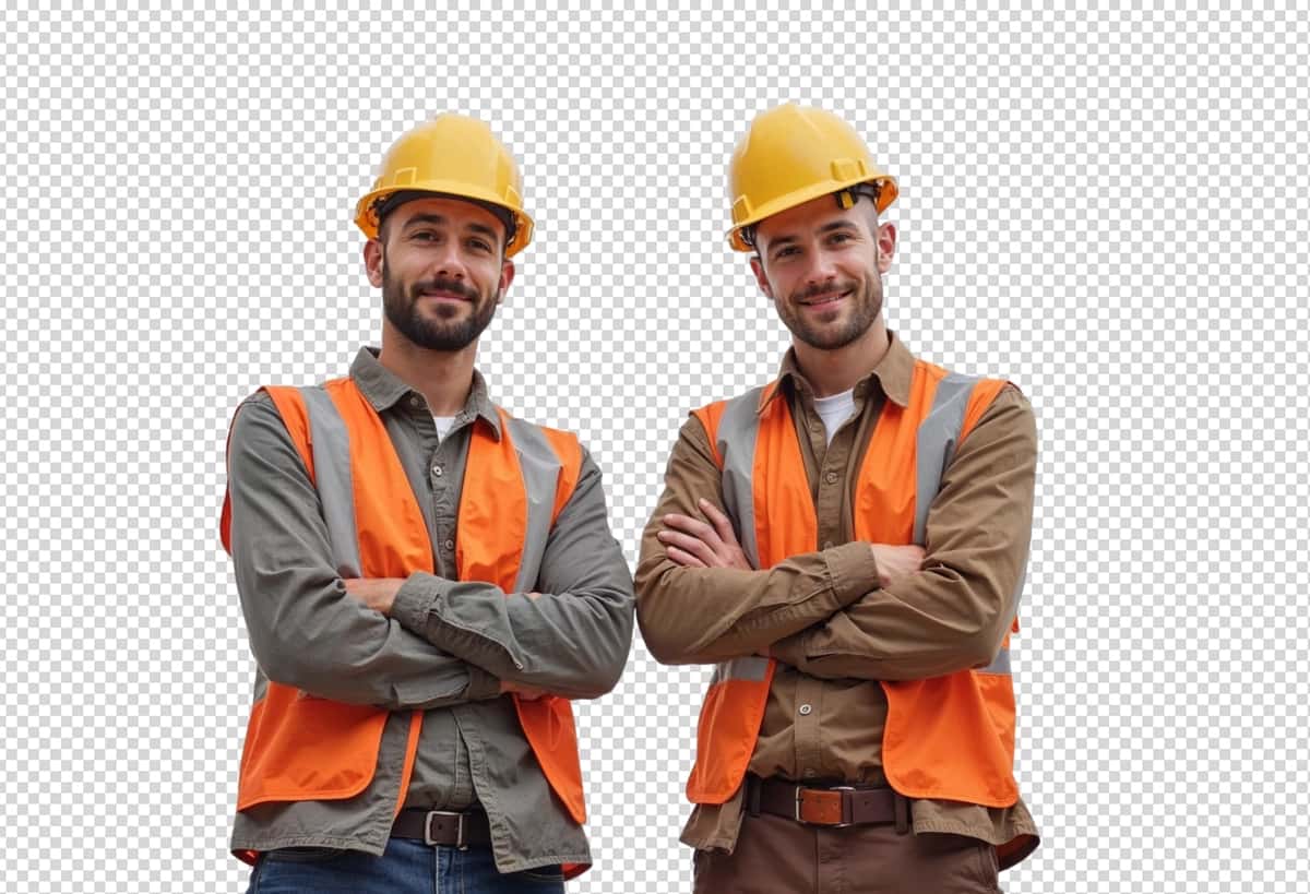 Qo'llarini chalishtirib olgan, biri sariq dubulg'a kiygan ikki erkak | Two men wearing hard hats with arms crossed one wearing yellow helmet 1