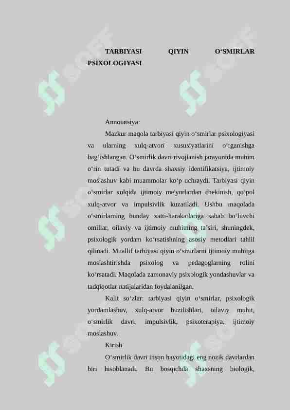 Tarbiyasi qiyin oʻsmirlar psixologiyasi 1