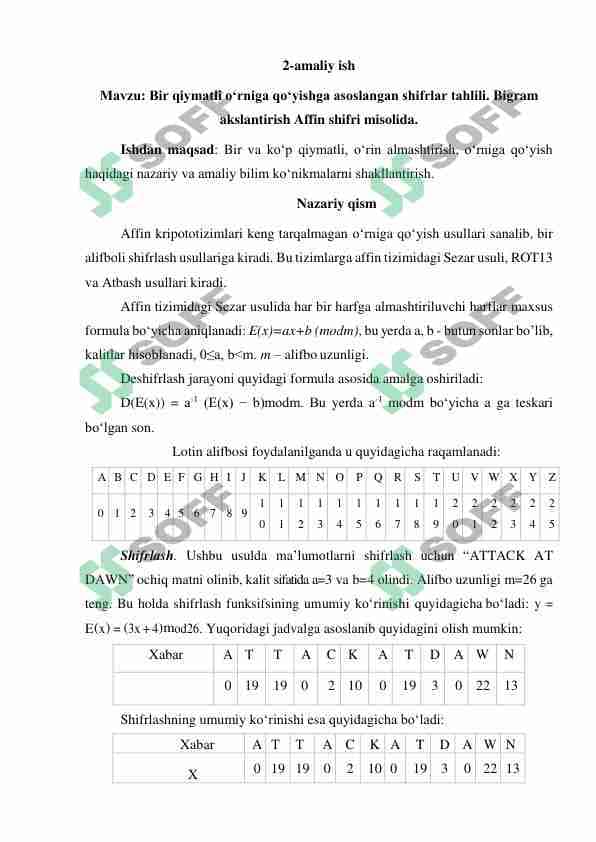 Bir qiymatli o‘rniga qo‘yishga asoslangan shifrlar tahlili. Bigram akslantirish Affin shifri misolida.