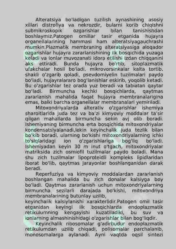 Hujayraning qaytar va qaytmas zararlanishi. Hujayraning zararlanishi va nobut bo’lishi: sabablari, rivojlanish maxanizmi, morfologiyasi. Apoptoz. O’tkir yallig’lanish 3
