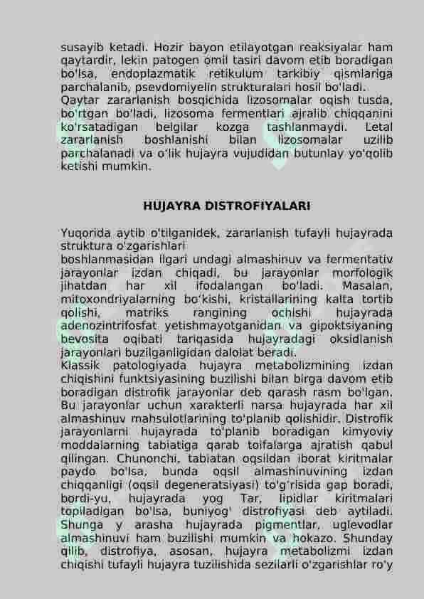 Hujayraning qaytar va qaytmas zararlanishi. Hujayraning zararlanishi va nobut bo’lishi: sabablari, rivojlanish maxanizmi, morfologiyasi. Apoptoz. O’tkir yallig’lanish 4